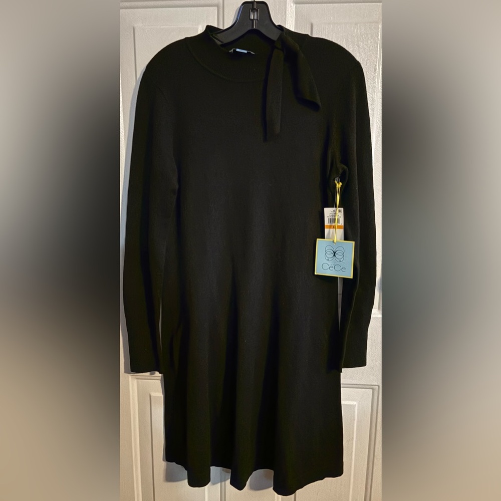 NWT CeCe Black Crewneck Sweater with Neck Tie SMALL